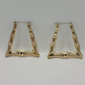 Gold Tone  Metal Bamboo Textured Large Pierced Earrings Vintage